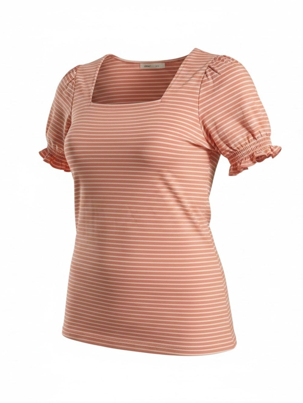 Striped Square-Neck Puff Sleeve Tee in Peach by Wiholl NWT